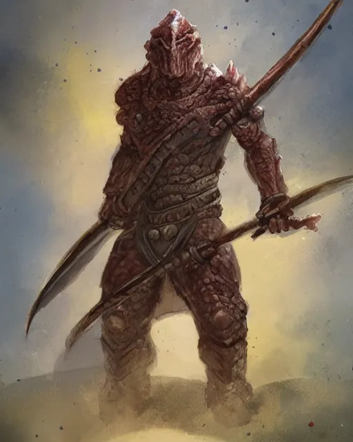 Image similar to a oil / watercolor painting full body character portrait of a humanoid dinosaur village knight / guard in the style of moebius in the style of leonard boyarsky trending on artstation deviantart pinterest detailed photorealistic highlights and shadow hd 8 k post - processing high resolution