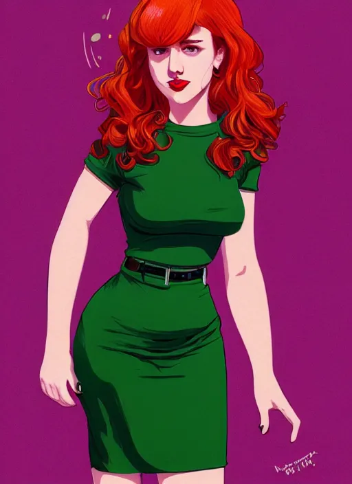 Image similar to full body portrait of teenage cheryl blossom, chubby, bangs, green eyes, sultry expression, red hair, sultry smirk, bangs and wavy hair, pink skirt, fat, intricate, elegant, glowing lights, highly detailed, digital painting, artstation, concept art, smooth, sharp focus, illustration, art by wlop, mars ravelo and greg rutkowski