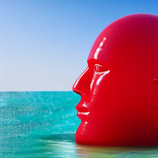 Image similar to a giant human head sculpture in the sea made out of juicy and half transparent red jelly, in the style of chad knight, long shot, hyper detailed, hyper realistic, ray tracing, 8 k resolution, sharp focus, realistic water, award winning