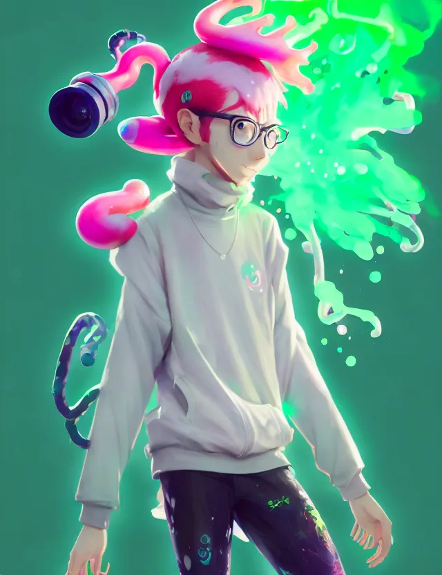 Image similar to a beautiful fullbody portrait of a cute splatoon anime boy with pink hair and green eyes wearing sports clothing leggings. character design by cory loftis, fenghua zhong, ryohei hase, ismail inceoglu and ruan jia. artstation, volumetric light, detailed, photorealistic, fantasy, rendered in octane