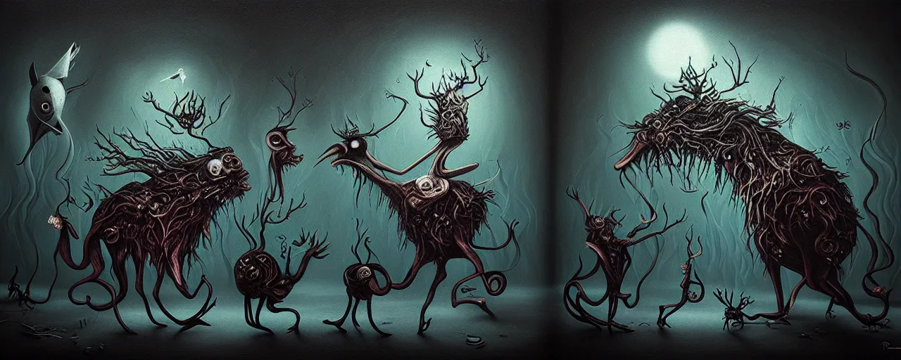 Image similar to whimsical alchemical creatures, surreal dark uncanny painting by ronny khalil