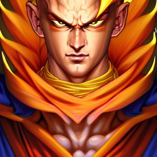 Image similar to symmetry!! intense portrait of sangoku ssj, intricate, elegant, highly detailed, my rendition, digital painting, artstation, concept art, smooth, sharp focus, illustration, art by artgerm and greg rutkowski and alphonse mucha