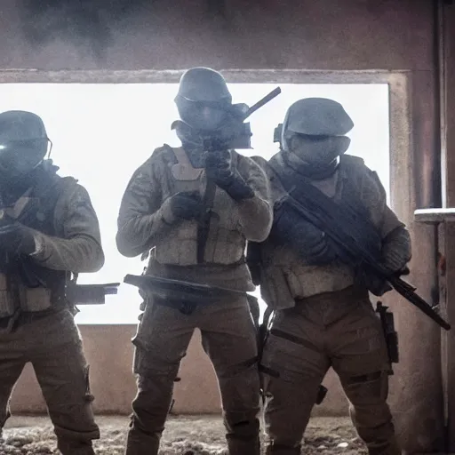 Image similar to modern mercenaries wearing grey body armor smoking shooting at hostiles in the midst of a bloody battle, photo by Adam Ferguson in 2022, Pulitzer Winning, cinematic composition, breathtaking, modern, 2022