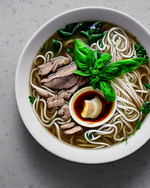 Prompt: realistic photo of delicious pho, ramen, bowl, white kitchen table, ( cloth ), marble, thai basil, highly detailed, by louise lister, sara ali, mary devinat, kailee mandel, masterpiece, award winning, food photography