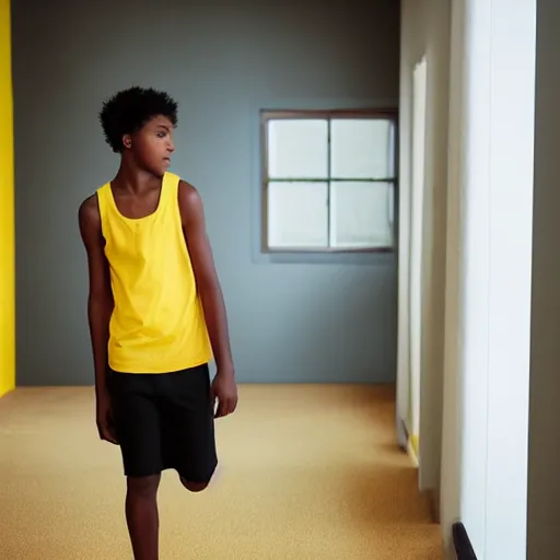 Image similar to black teenage boy wearing a white tank top with a long nose, walking in a nostalgic room with yellow walls and brown carpet