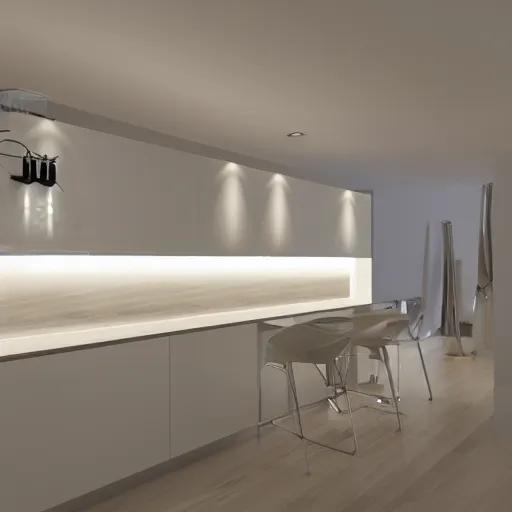 Prompt: led strip lighting under kitchen plinth, photorealistic, render, 8k