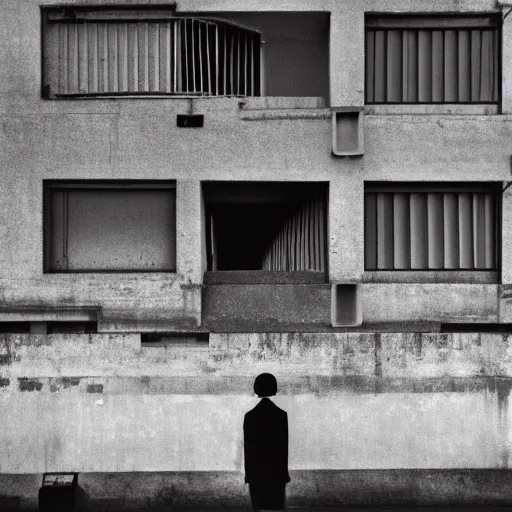 Image similar to an approaching shadow, photorealistic, brutalist, natural light, black and white by fan ho, hong kong 1 9 5 4