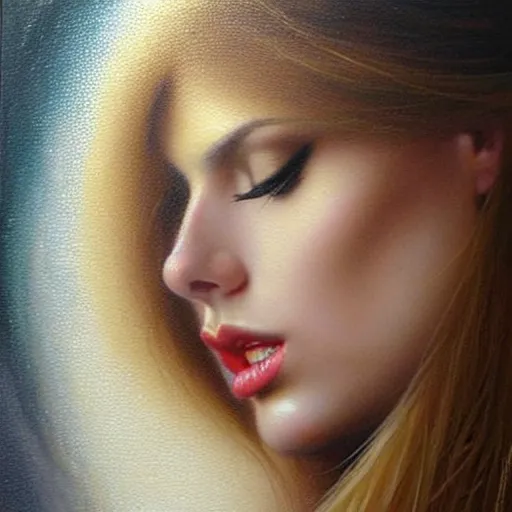 Prompt: Facial portrait of a gorgeous girl, looking away from the camera, pouting, seductive smile, sparkle in eyes, lips slightly parted, long flowing hair, no hands visible, delicate, teasing, arrogant, defiant, bored, mysterious, intricate, extremely detailed painting by Mark Brooks (and by Greg Rutkowski), visible brushstrokes, coarse canvas, thick paint visible, vibrant colors, studio lighting