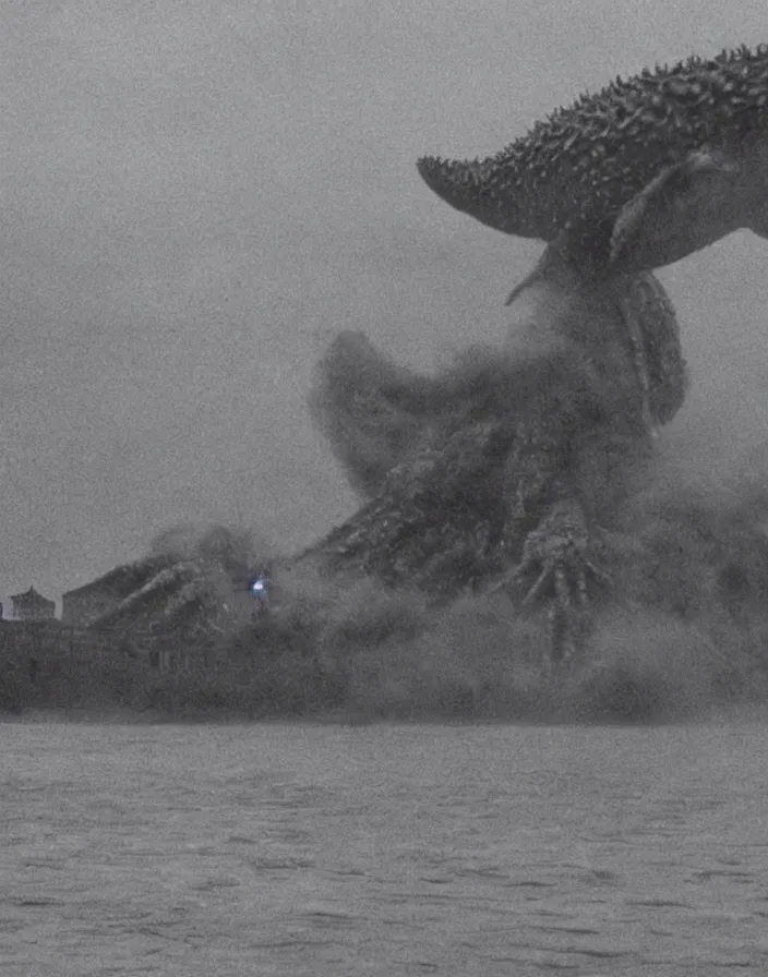 Image similar to a filmstill of a north korean monster movie, kaiju - eiga monster starfish - like trampling a traditional korean palace, foggy, film noir, video compression