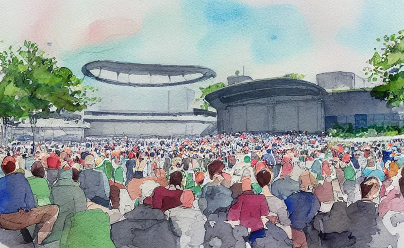 Prompt: concept art of an concert amphitheatre in downtown charlottesville virginia, complex, pinterest, artstation trending, behance, watercolor, by coby whitmore, silver, laser light,