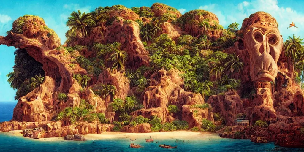 Prompt: ”mysterious caribbean island with a huge carved cliff that resembles a primitive monkey’s head with a mouth as an entrance to a cave inside, [palm trees, beach, wide angle, side view, cinematic, monkey island, art by wlop and paul lehr]”