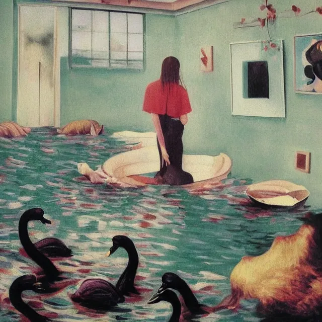 Image similar to tall female emo vegan socialist artist in their flooded apartment, painting of flood waters inside an artist's home, a river flooding indoors, pomegranates, pigs, ikebana, zen, water, octopus, river, rapids, waterfall, black swans, canoe, berries, acrylic on canvas, surrealist, by magritte and monet