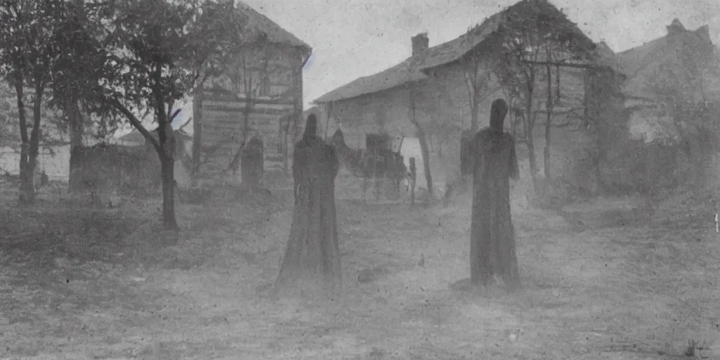 Image similar to scary unproportionable tall ghost creature in the middle of a village, 1900s picture