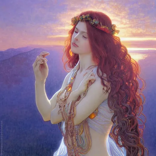 Image similar to portrait of a beautiful alluring female nature spirit goddess at sunset, detailed, centered, digital painting, artstation, concept art, donato giancola, Dante Gabriel Rossetti, alphonse mucha, Joseph Christian Leyendecker, WLOP, Boris Vallejo, Breathtaking, 8k resolution, extremely detailed, beautiful, establishing shot, artistic, hyperrealistic, beautiful face, octane render