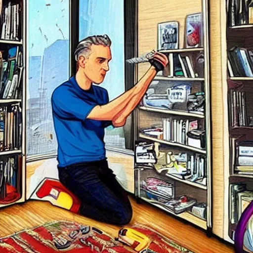 Image similar to Jordan Peterson cleans his room with a vacuum, motivational poster, inspirational art, high detail, realistic, mid shot, open, sharp