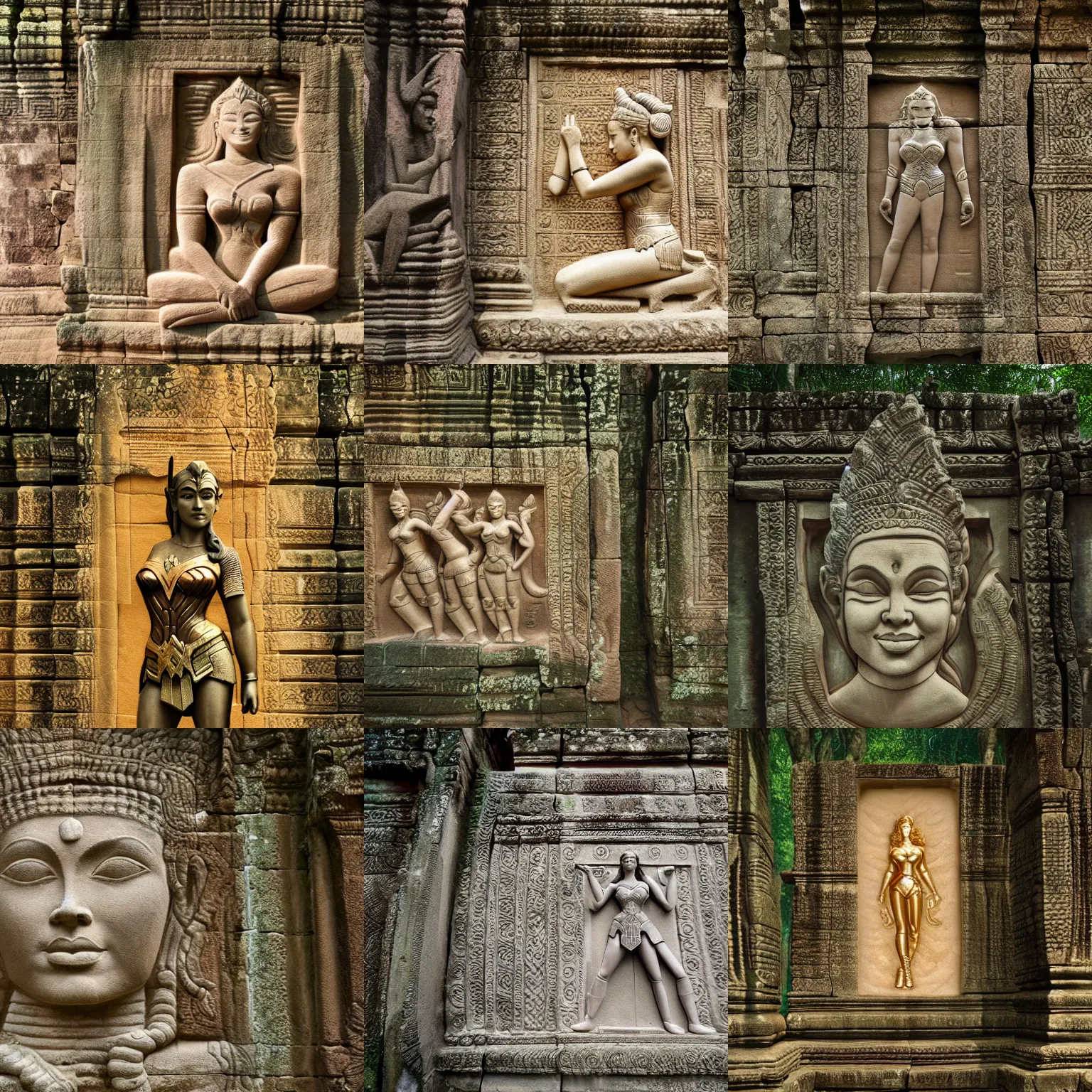 Prompt: a Bas-relief Carving of wonder woman on the wall of Angkor Wat, surrounded by trees, in the forrest, photo real, volumetric lighting, cinematic loghting, hd.