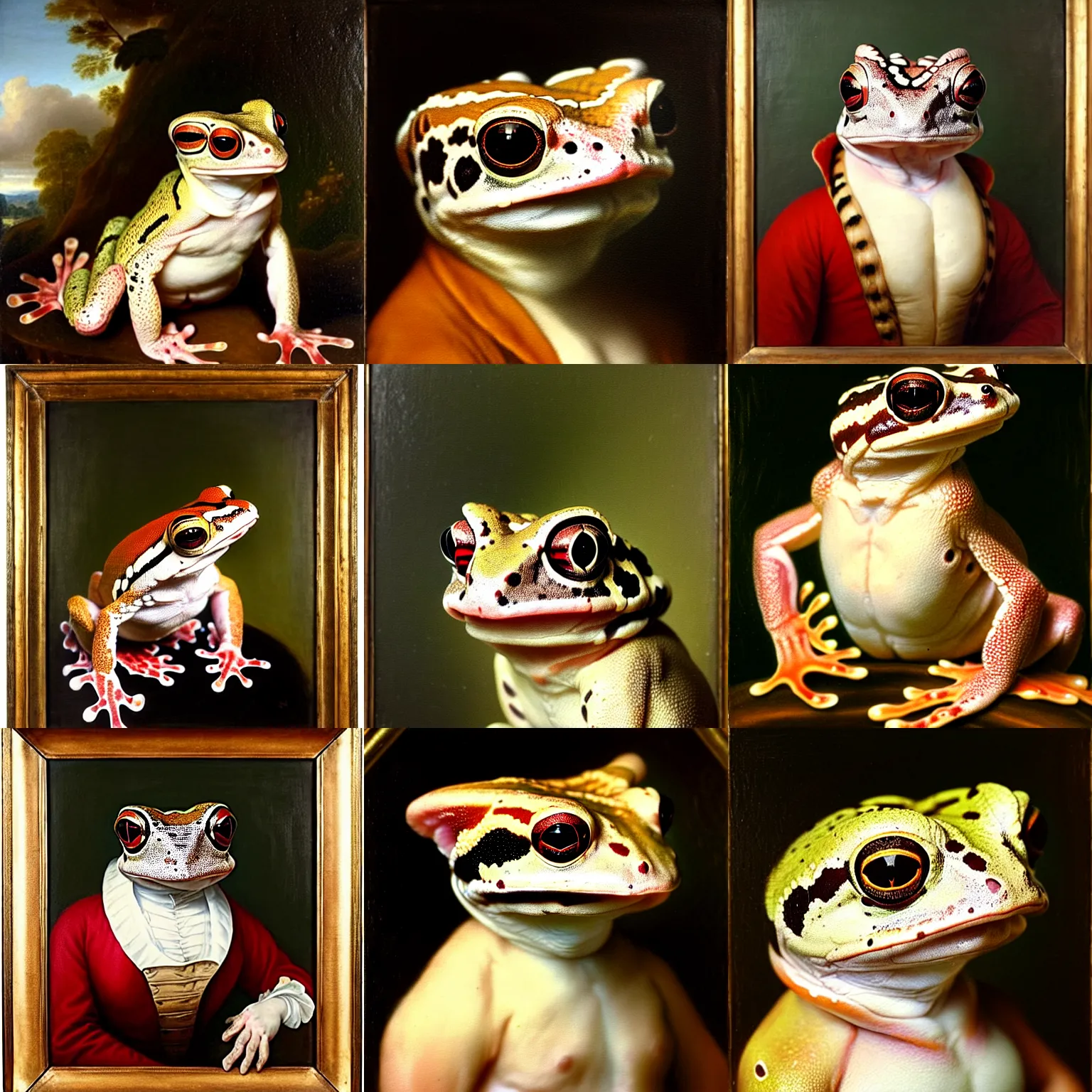 Prompt: a head - and - shoulders portrait of an amazon milk frog wearing colonial clothing, an american romanticism painting, a portrait painting, cgsociety, soft focus, oil on canvas