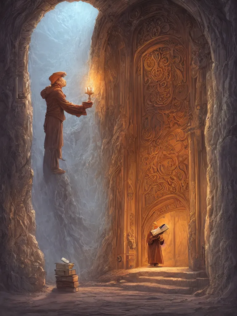 Image similar to an old wizard holding a book stands in front of an elaborate arched wooden door. stone steps lead up to the door. by mike allred and moebius and karol bak sharp digital painting. dreaming latent space. matte painting, concept art. artstation. digital render. realistic, 8 k