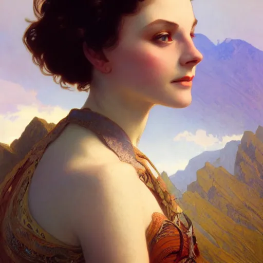 Prompt: a beautiful closeup portrait of a young vivian leigh, mountain background, serene colors, dramatic light, gorgeous view, depth, high detail, digital art, painted by alphonse mucha and greg rutkowski, trending on artstation