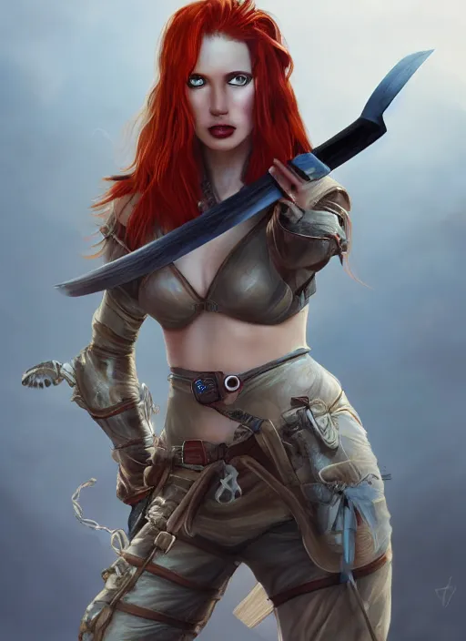 Image similar to Redhead female fighter with katana in desert, fantasy, medieval, vivid colors, fantasy, elegant, concept art, sharp focus, beautiful face, digital art, Hyper-realistic, 4K, Unreal Engine, Highly Detailed, HD, Dramatic Lighting by Brom, trending on Artstation