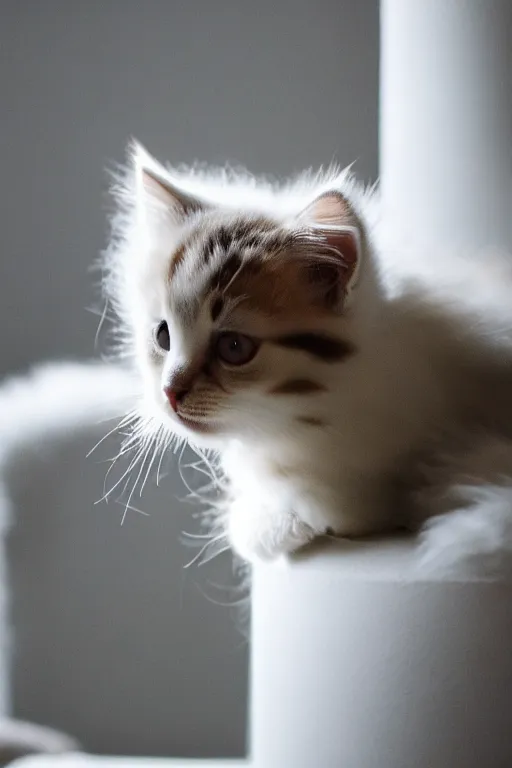 Prompt: “ fluffy kitten lying on cat tree, cozy living room, warm, cotton, dramatic lighting, extremely high quality, leica m - a, lux 3 5 fle, portra 8 0 0 ”