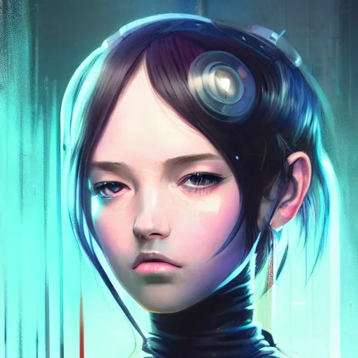 Image similar to A potrait of a cyberpunk cyborg girl with big and cute eyes, fine-face, realistic shaded perfect face, fine details. Night setting. Very anime style. Realistic shaded lighting poster by Ilya Kuvshinov katsuhiro, magali villeneuve, artgerm, Jeremy Lipkin and Michael Garmash, Rob Rey and Kentarõ Miura style, trending on art station