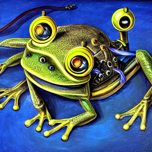 Image similar to anime mechanical blue steampunk frog with yellow eyes,, oil paint, cinematic light, 8 k, high detail