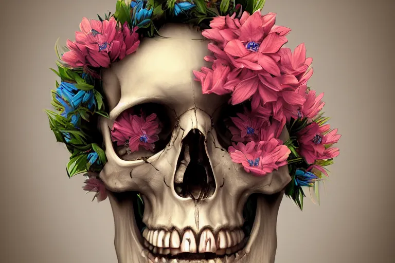 Image similar to human skull made entirely from flowers with flowes in its eyes, artstation, illustration, hd, hq, high resolution, high detail, 4 k, 8 k