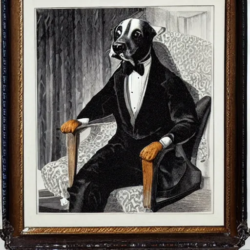 Prompt: a gentleman dog sitting in an armchair, fluid, smooth, high contrast, sharpness, dramatic, very detailed, intricate, by windsor mckay