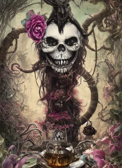 Image similar to Alice attends Mad Tea Party, Cheshire Cat, Mad hatter, death tarot card,highly detailed,half skull face,cinematic,8k,by Stanley Artgermm,Tom Bagshaw,Greg Rutkowski,Carne Griffiths, Ayami Kojima, Beksinski, Giger,trending on DeviantArt,hyper detailed,horror, full of colour