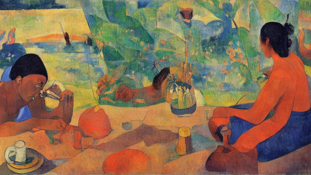 Image similar to chilled study lo fi hiphop, in style of paul gauguin, 4 k, high resolution details,