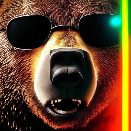 Prompt: still of a poster with a close up photo of a real grizzly bear wearing sunglasses, black background, in the movie Blade Runner 2049, HD, neon lit, highly detailed, no text
