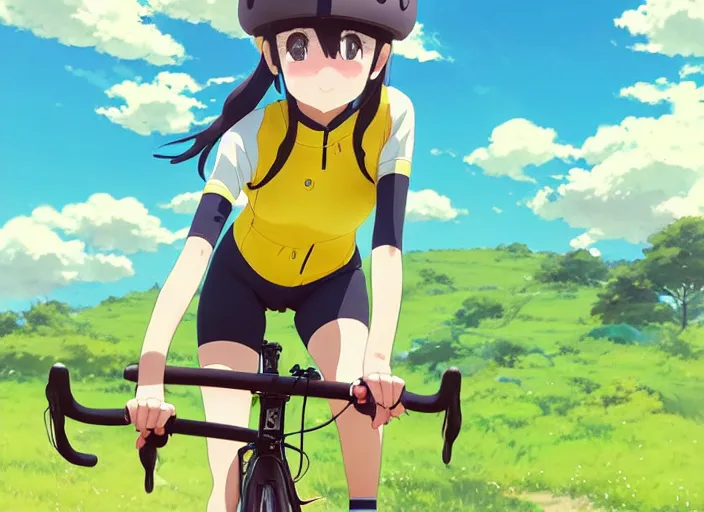 Prompt: portrait of cute girl riding road bike, sunny sky background, lush landscape, illustration concept art anime key visual trending pixiv fanbox by wlop and greg rutkowski and makoto shinkai and studio ghibli and kyoto animation, symmetrical facial features, sports clothing, yellow helmet, nike cycling suit, backlit, aerodynamic frame, yowamushi pedal