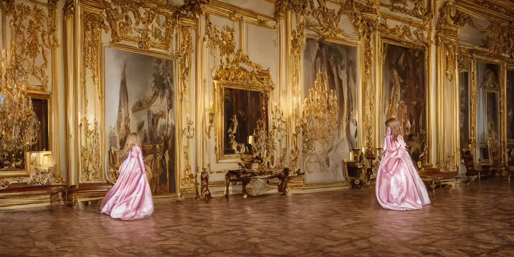 Prompt: highly detailed photo of a a long flowery hair princess walking in a baroque dreamy room full of renaissance furniture, cinematic lighting, intricate, 4k resolution, elegant