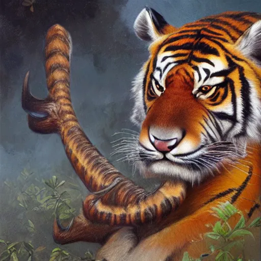 Image similar to tiger - deer creature, oil painting by justin gerard