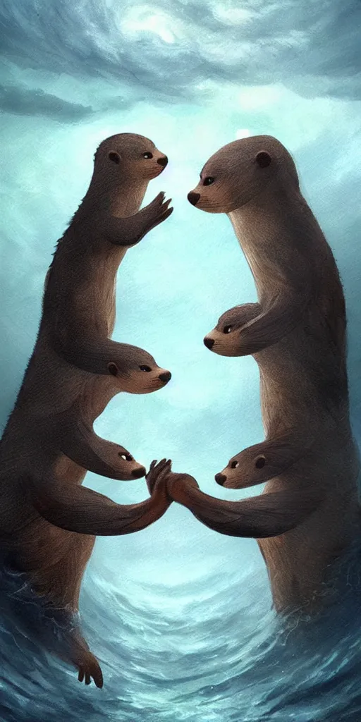 Image similar to two adorable otters falling in love holding hands side by side huddled, all hiding together in the middle of a super scary storm at sea, fantasy illustration, cinematic, award winning, romantic, detailed trending on artstation, masterpiece