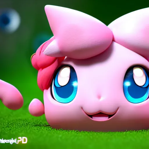 Image similar to nymph render of a very cute 3d jigglypuff pokemon, adorable eyes, cute smile, full round face, bright sunny time, serene forest setting, medium shot, mid-shot, highly detailed, trending on Artstation, Unreal Engine 4k