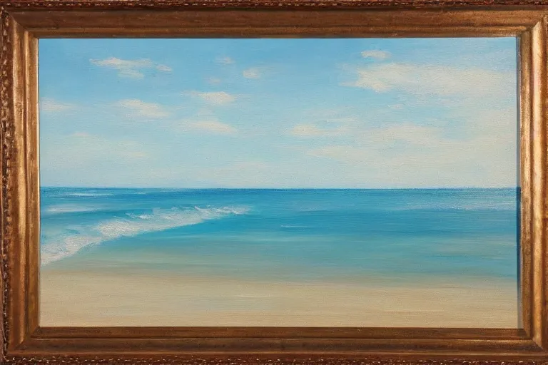 Prompt: painting of a beach, beautiful, with calm waves and sand, oil on canvas