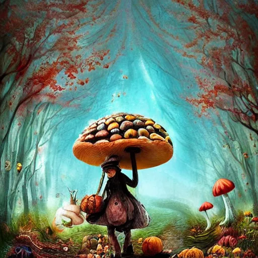 Prompt: Hell and heaven, captured in bottles, an elderly mushroom walking their pet snail, The Autumn Plague Gardener, the theme of Alice in Wonderland, digital painting, its softness partakes of fluidity, illustration, deep dark, artstation, intricate, biodiversity in a world of change and constancy, ue5, by deiv calviz and bossmonsterbani