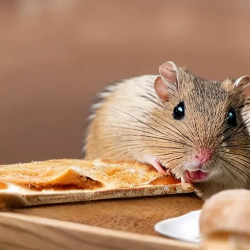 Prompt: Gerbil with its head stuck in a piece of bread