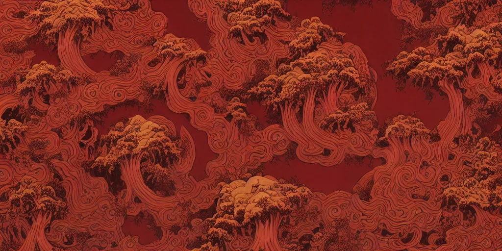 Prompt: dark red paper with intricate designs,tarot card ,a mandelbulb fractal dolomites and hay monsters, tyrolean folklore masks,full of golden layers, flowers, cloud, vines, mushrooms, swirles, curves, wave,by Hokusai and Mike Mignola, trending on artstation,elaborate dark red ink illustration