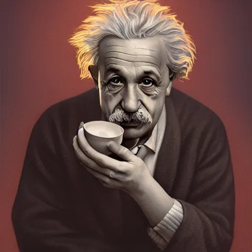 Prompt: portrait of Albert Einstein eating noodles, hyperdetails, displacement mapped octane render, luscious patty with sesame seeds, ethereal, handsome, elegant, highly detailed, digital painting, artstation, concept art, matte, sharp focus, illustration, art by Artgerm and Greg Rutkowski and Alphonse Mucha