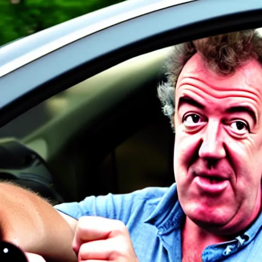 Image similar to Jeremy Clarkson driving and pressing car honk. Angry Jeremy Clarkson driving, honking. Jeremy Clarkson pressing honk while driving.