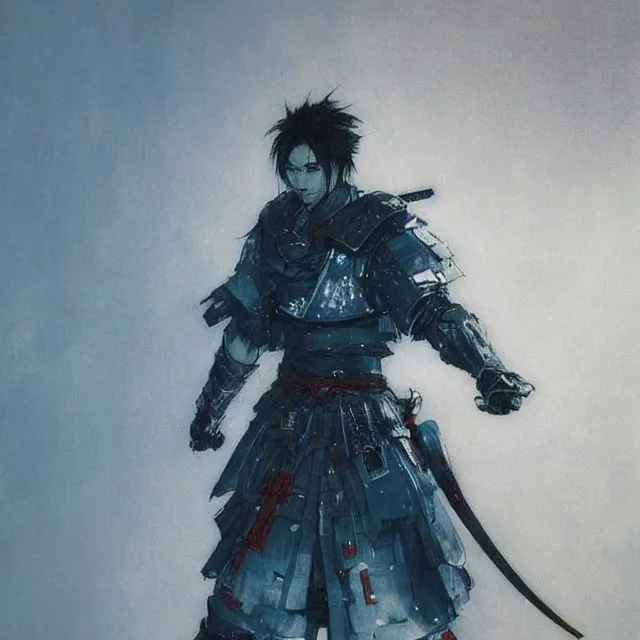 Image similar to lone samurai in cyan armor, art by yoshikita amano, ruan jia, yoji shinkawa, trending on artstation, very very detailed, beautiful, amazing quality, breathtaking artwork