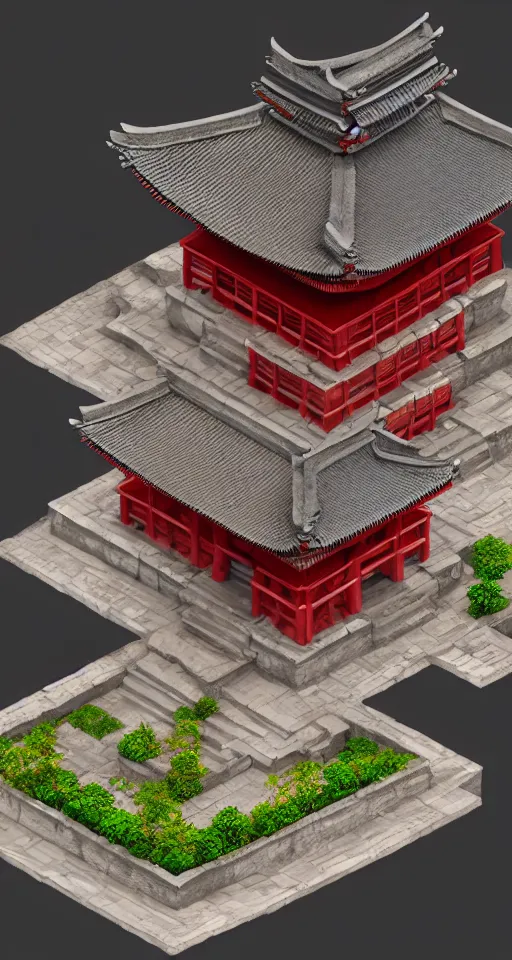 Image similar to isometric japanese temple with full blood-moon behind the top, trending on artstation, 3D render, unreal engine 5