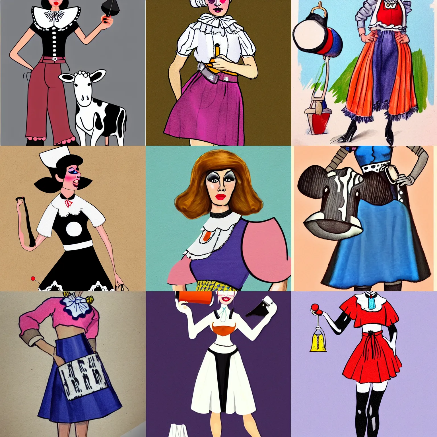 Prompt: a fashion illustration of a campy Dutch milkmaid costume with a cowbell choker and realistic silicone cow udders at the midriff. drag queen.