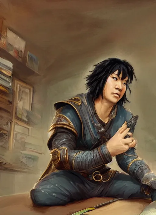Prompt: asian with medium black hair man sitting at his desk looking down at belly, low angle, camera low, dndbeyond, bright, colourful, realistic, dnd character portrait, full body, pathfinder, pinterest, art by ralph horsley, dnd, rpg, lotr game design fanart by concept art, behance hd, artstation, deviantart, hdr render in unreal engine 5