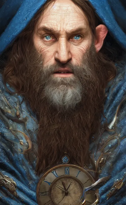 Image similar to portrait of a middle aged elf with a long beard, dressed in a blue cloak with clock iconography, brown hair, raised hand, detailed face, fantasy, highly detailed, cinematic lighting, digital art painting by greg rutkowski