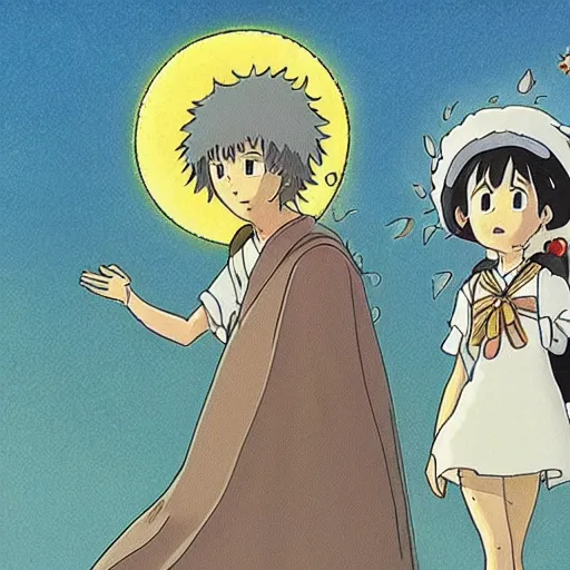 Image similar to the marriage of the moon and the sun, studios ghibli style