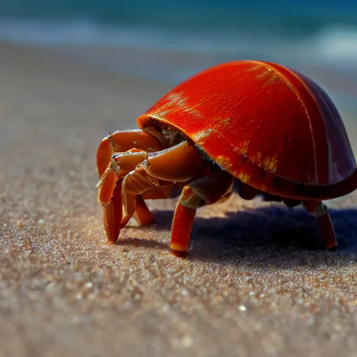 Image similar to Detailed 4k photo of a Hermit crab sporting a curly mustache, on the beach, afternoon